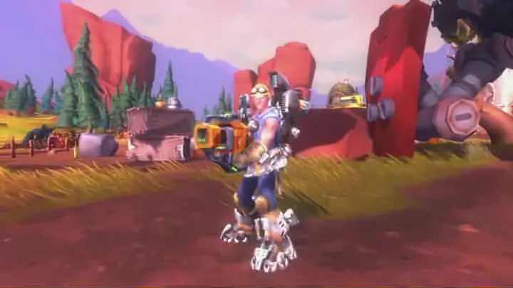 A Mechari engineer firing a heavy gun on a red-rock plain