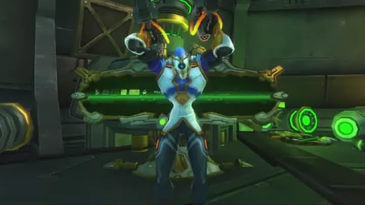 A Mechari medic with resonators in front of glowing green machinery