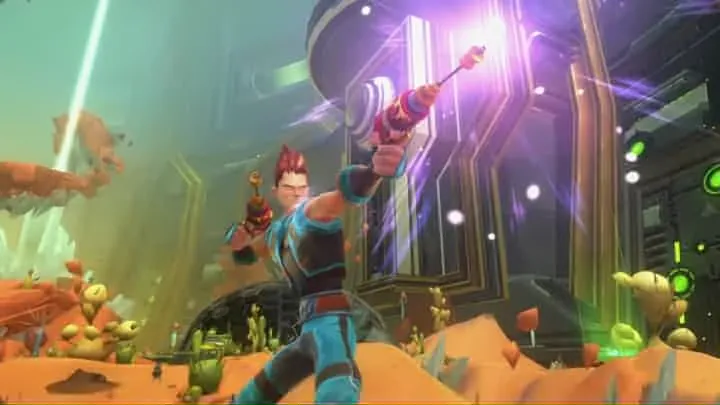A human spellslinger firing twin pistols beside an Eldan structure