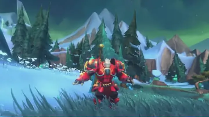 A Granok warrior in red armour swinging a greatsword in a snowy forest