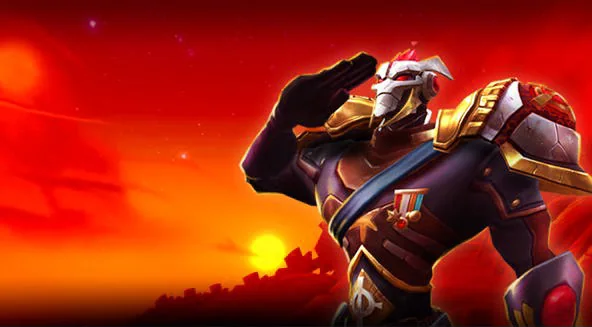 A Mechari soldier saluting against a red sunset